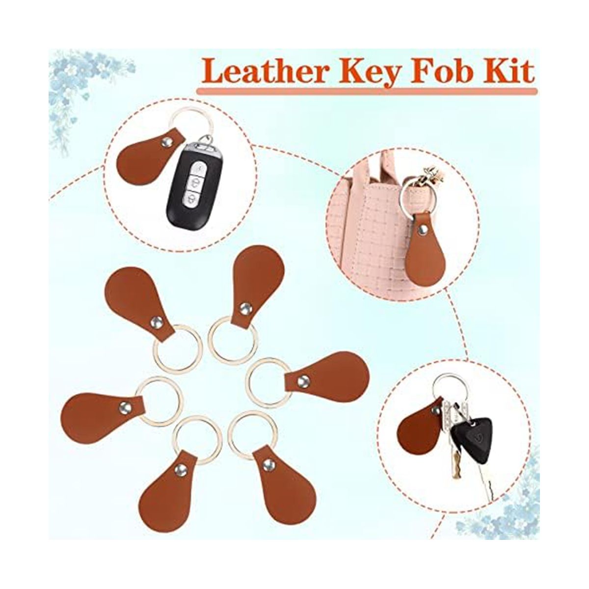 50Pcs DIY Leather Keychains Brown Blank Key Fob Rivets Keychain for Car Key Home Door Key Small Decoration Homemade Gift