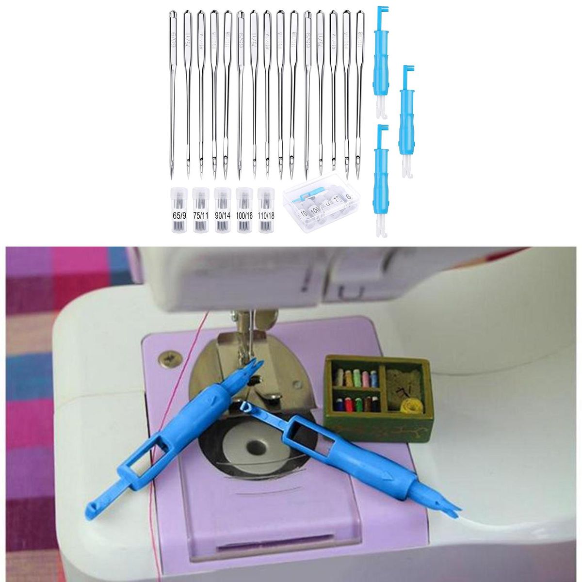 53Pcs Sewing Machine Needles Size 9# 11# 14# 16# 18#  Threader