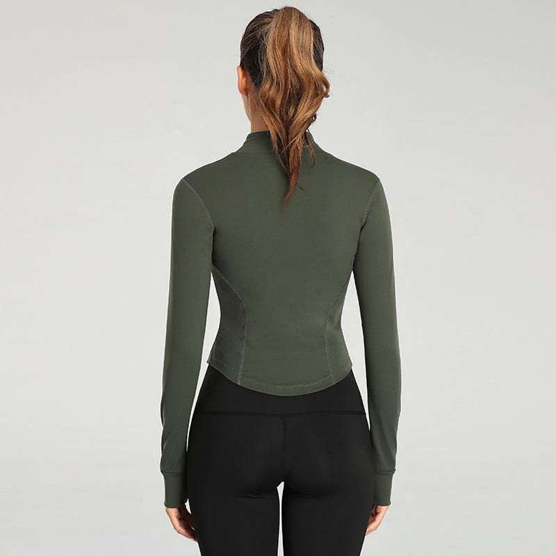 New Mock Neck Slim Fit Sports Running Gym Zipper Elastic Tight Finger Sleeve Long Sleeve Yoga Coat