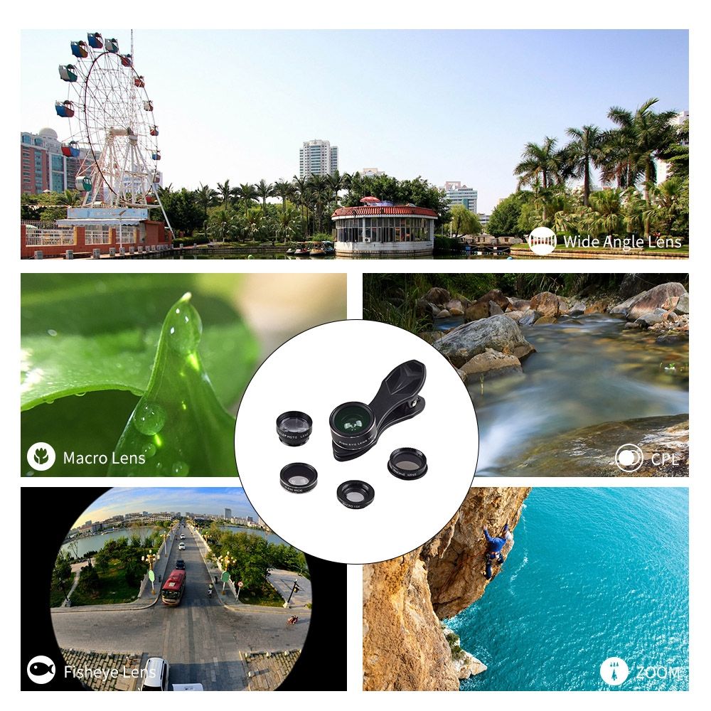 APL-DG5H 5 In 1 Cellphone Lens Kit 198～ Fisheye Lens 0.63X Wide Angle Lens 15X Macro Lens 2X Telescope CPL Lenses For IPhone Samsung Huawei Xiaomi Smartphone