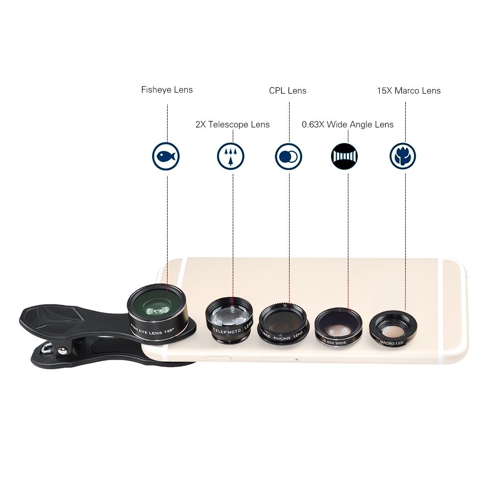 APL-DG5H 5 In 1 Cellphone Lens Kit 198～ Fisheye Lens 0.63X Wide Angle Lens 15X Macro Lens 2X Telescope CPL Lenses For IPhone Samsung Huawei Xiaomi Smartphone