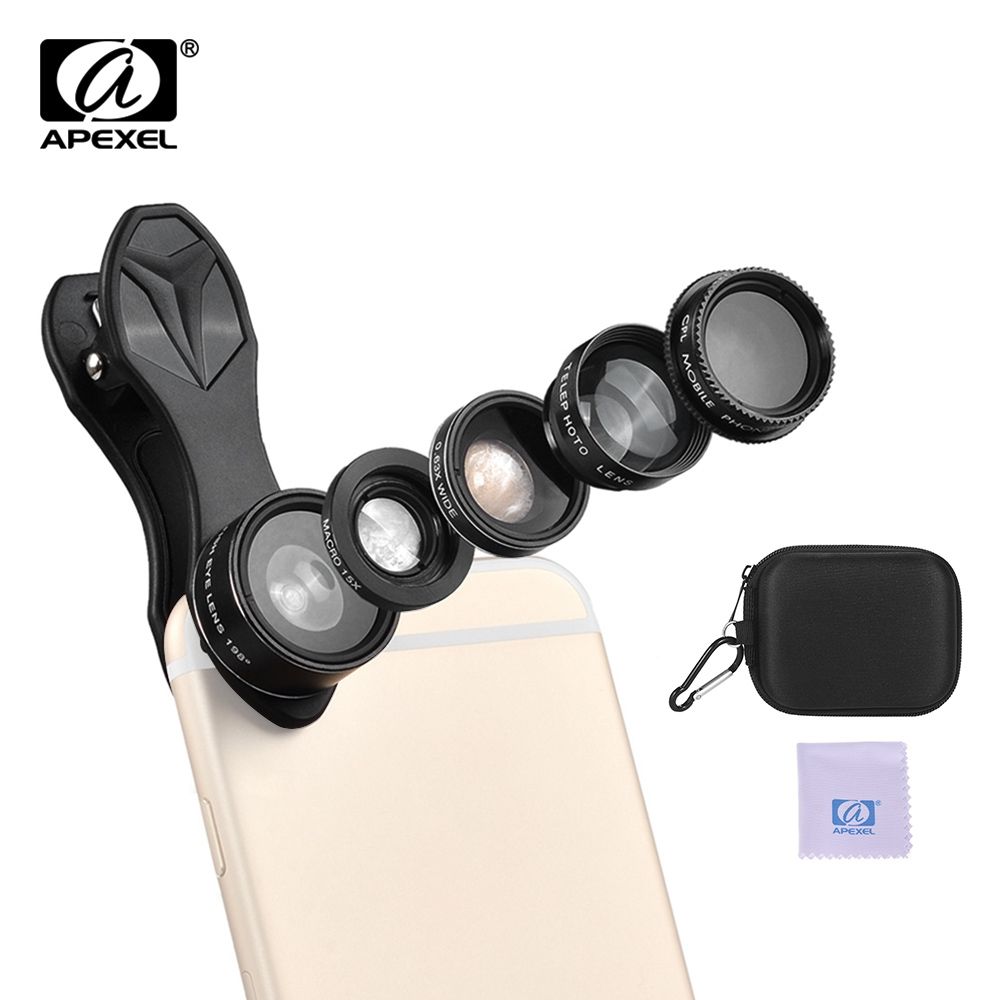 APL-DG5H 5 In 1 Cellphone Lens Kit 198～ Fisheye Lens 0.63X Wide Angle Lens 15X Macro Lens 2X Telescope CPL Lenses For IPhone Samsung Huawei Xiaomi Smartphone