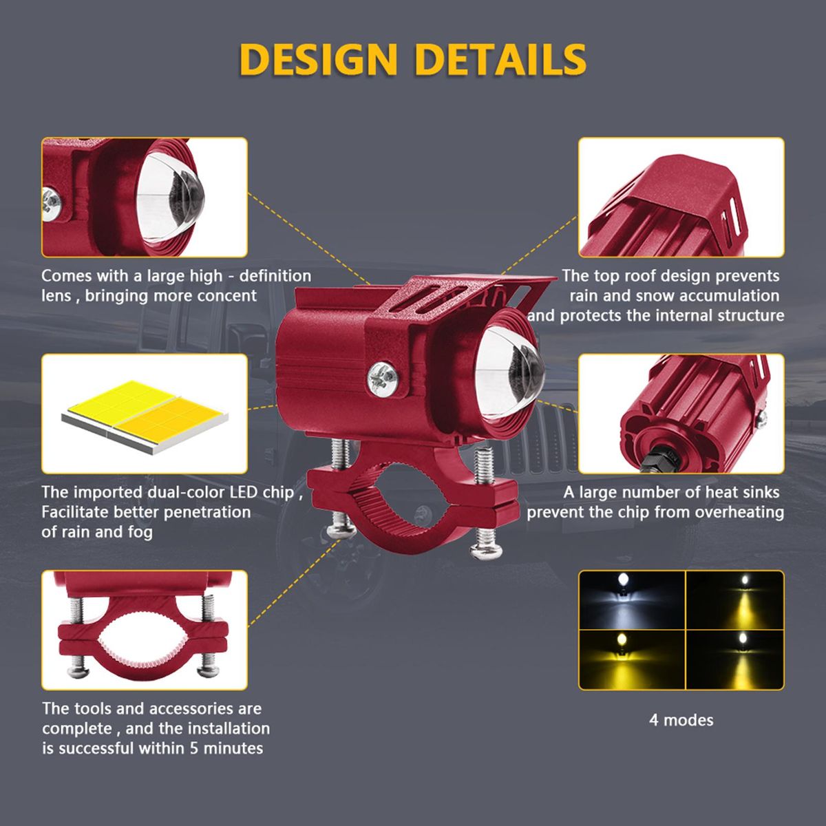 2 Pack Motorcycle Spot Lights 60W Motorcycle LED Driving Lights Fog Lamps White Yellow Headlights for Motorcycle Bike Car ATV SUV Tractor Truck Boat