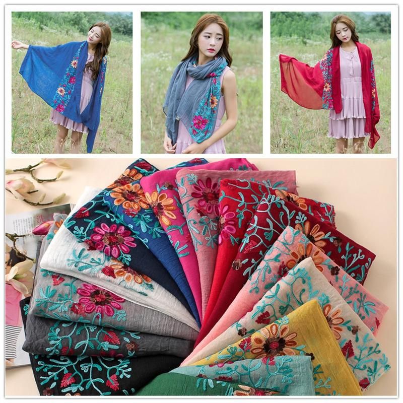 Embroidered Flower Scarf Cotton Women Long Wrap-Pink