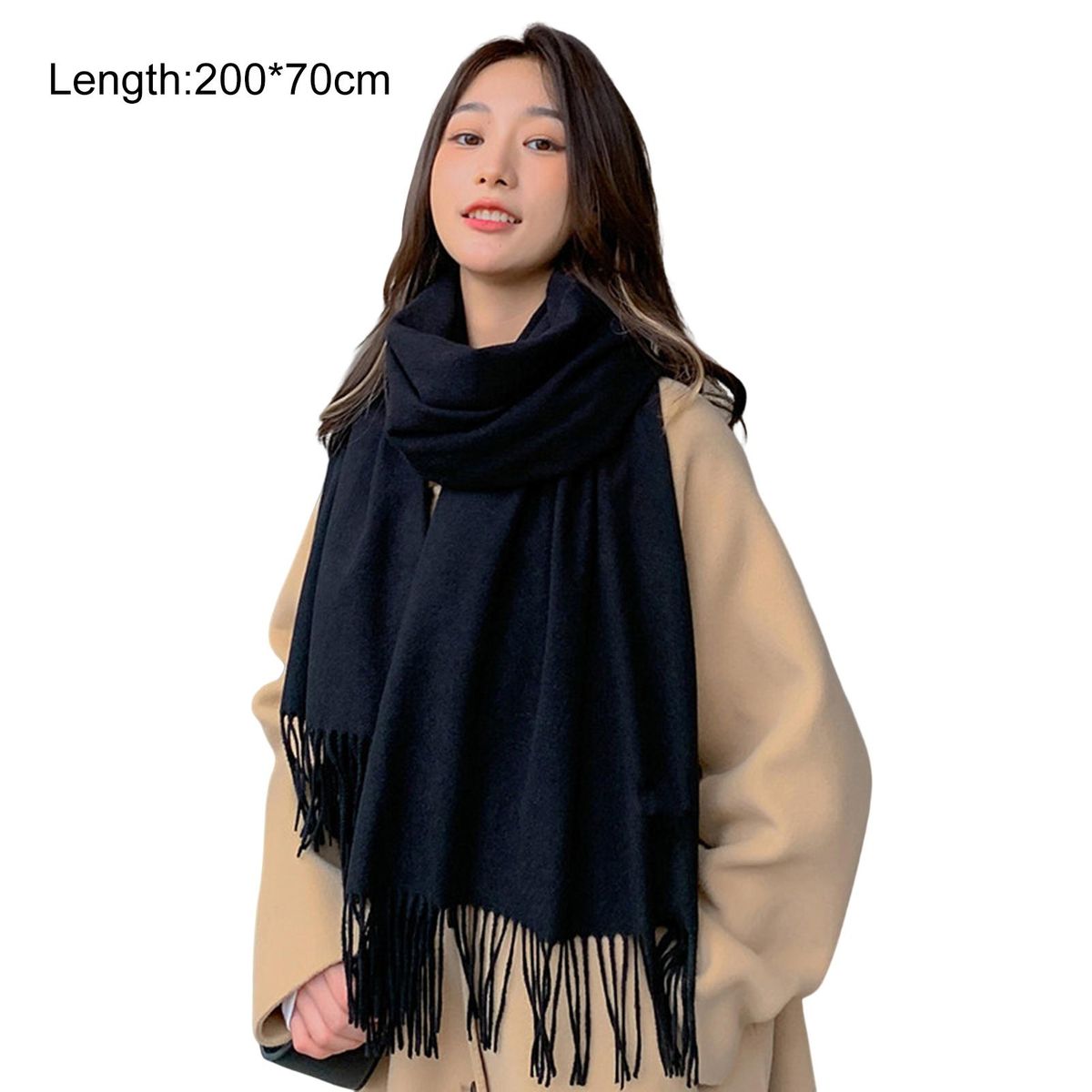 Shawl Wrap Plain Fringed Tassels Comfortable Soft-Black