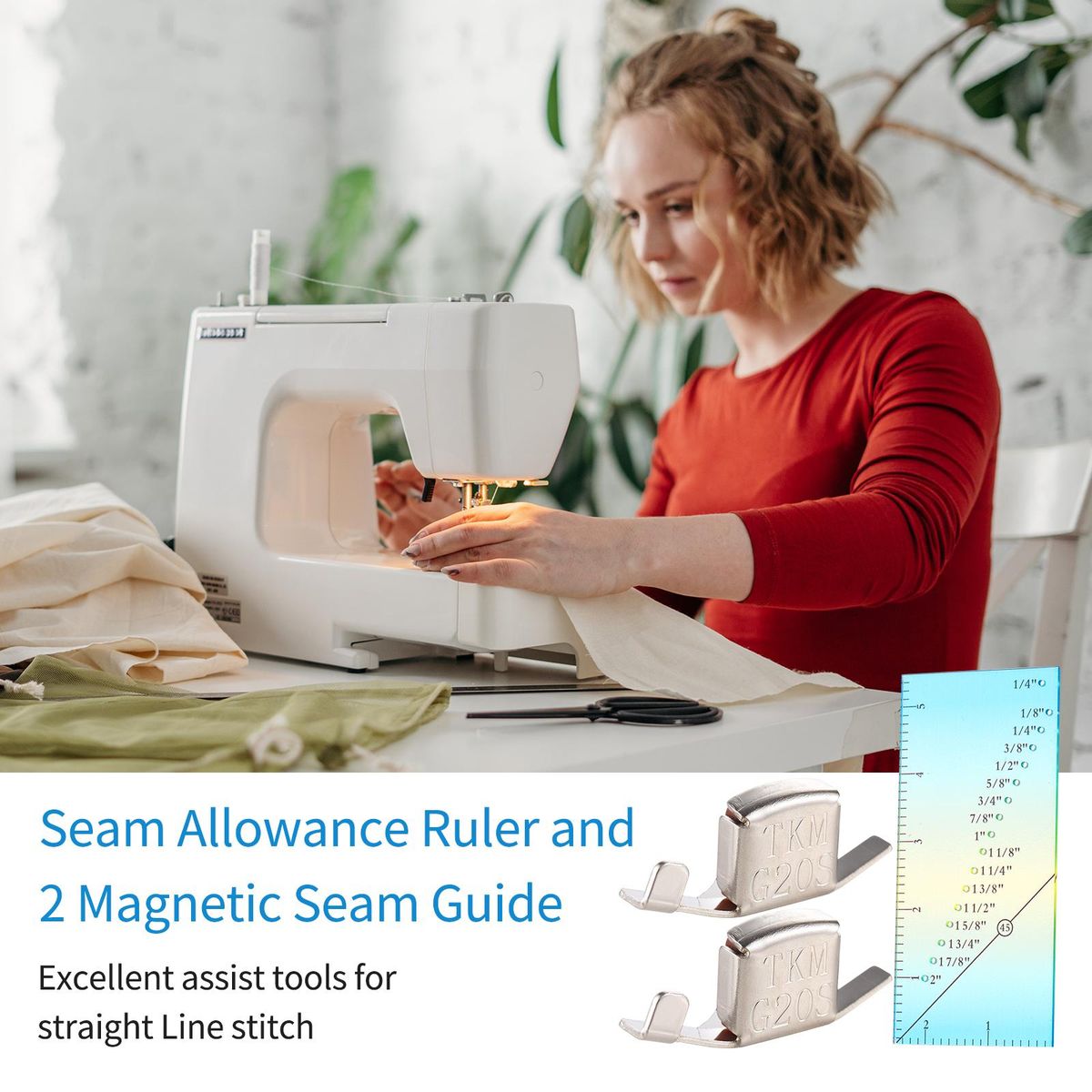 Seam Allowance Ruler and 2 Magnetic Seam Guide for Sewing Machine 1/8” to 2” Straight Line Hems Sewing Ruler for Sewing Gauge with 1/4” Pivot Point and 45 Degree Trim Line