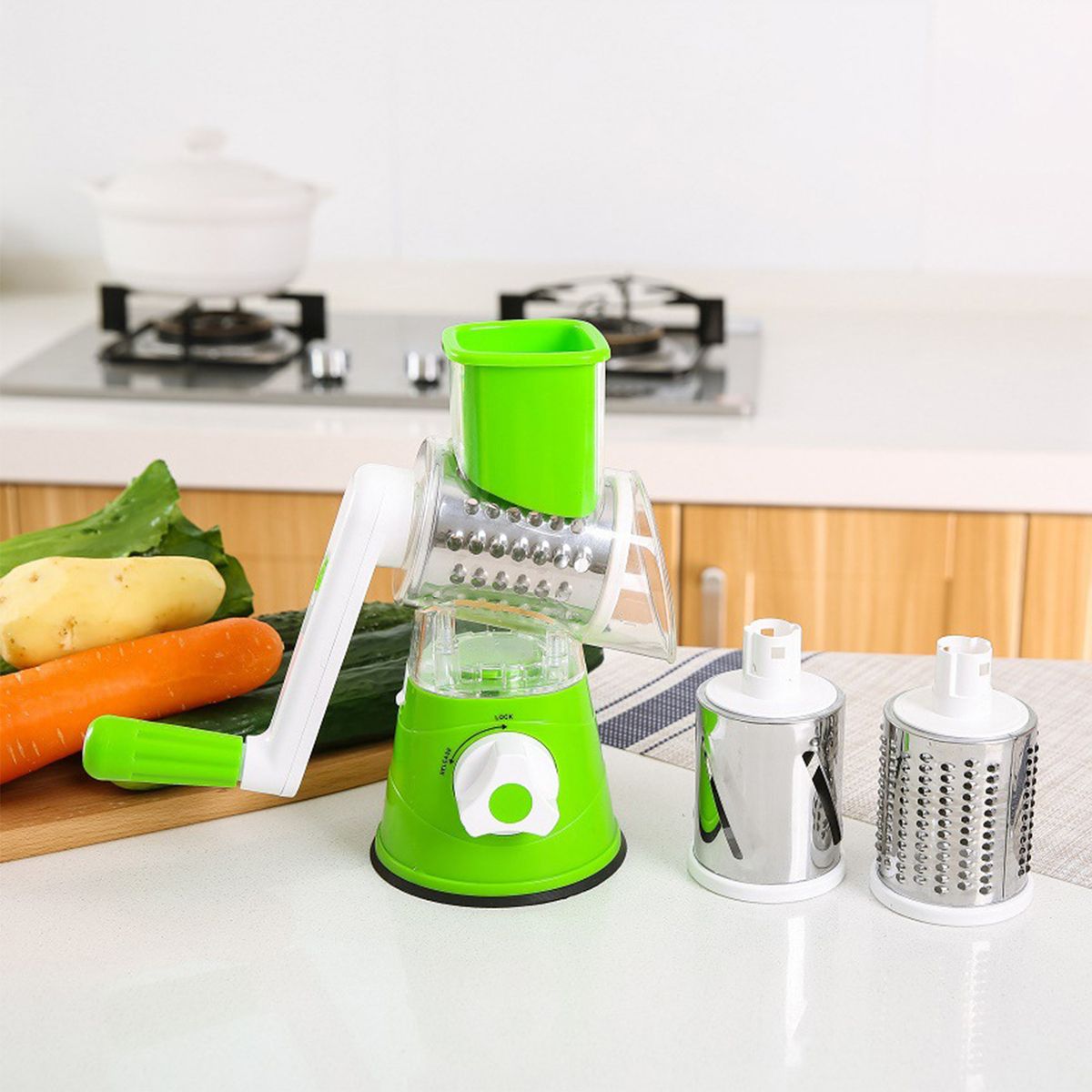 Manual Rotary Cheese Grater With Three Drum Blades Stainless