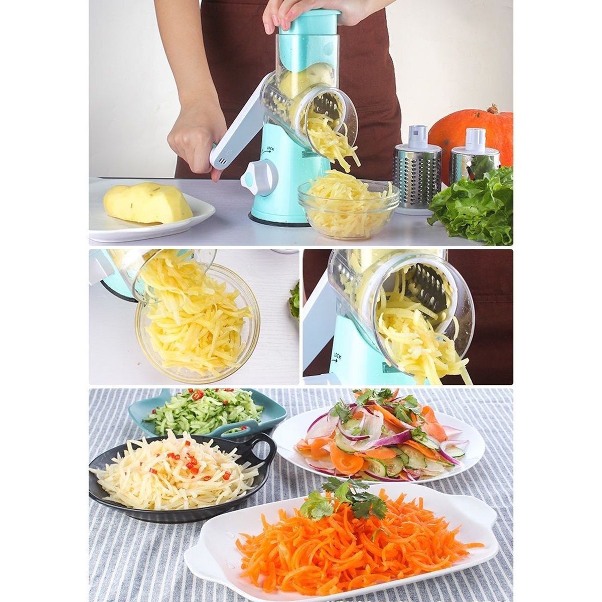 Manual Rotary Cheese Grater With Three Drum Blades Stainless
