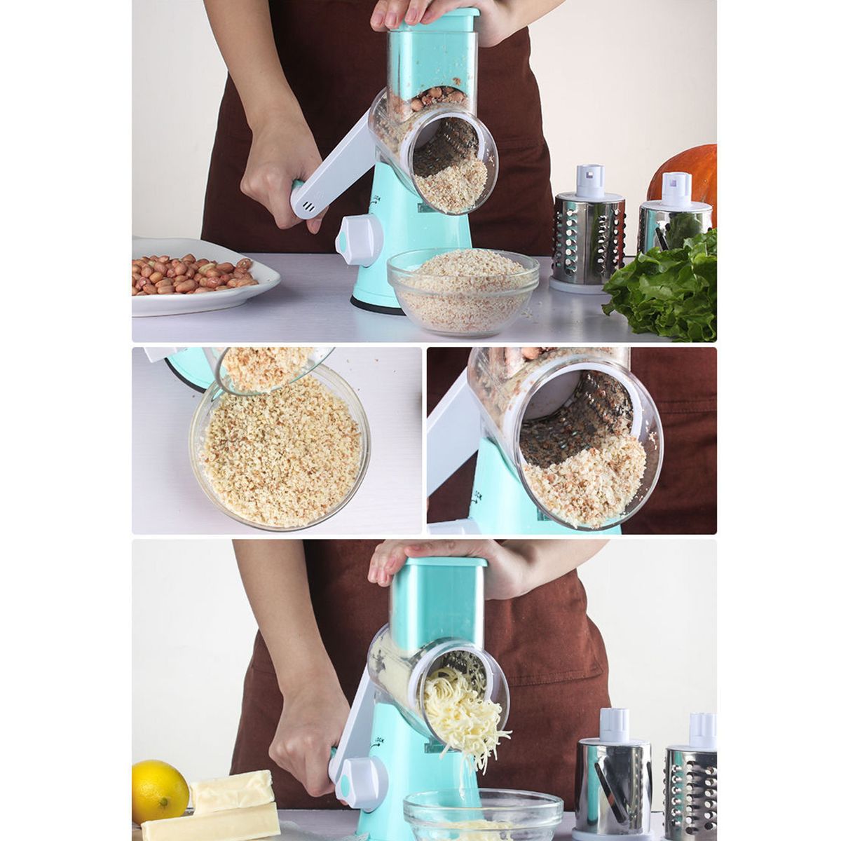 Manual Rotary Cheese Grater With Three Drum Blades Stainless