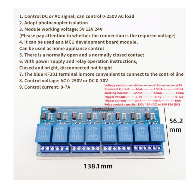 Low Level Trigger Relay Module,24V,8 Channels Optocoupler