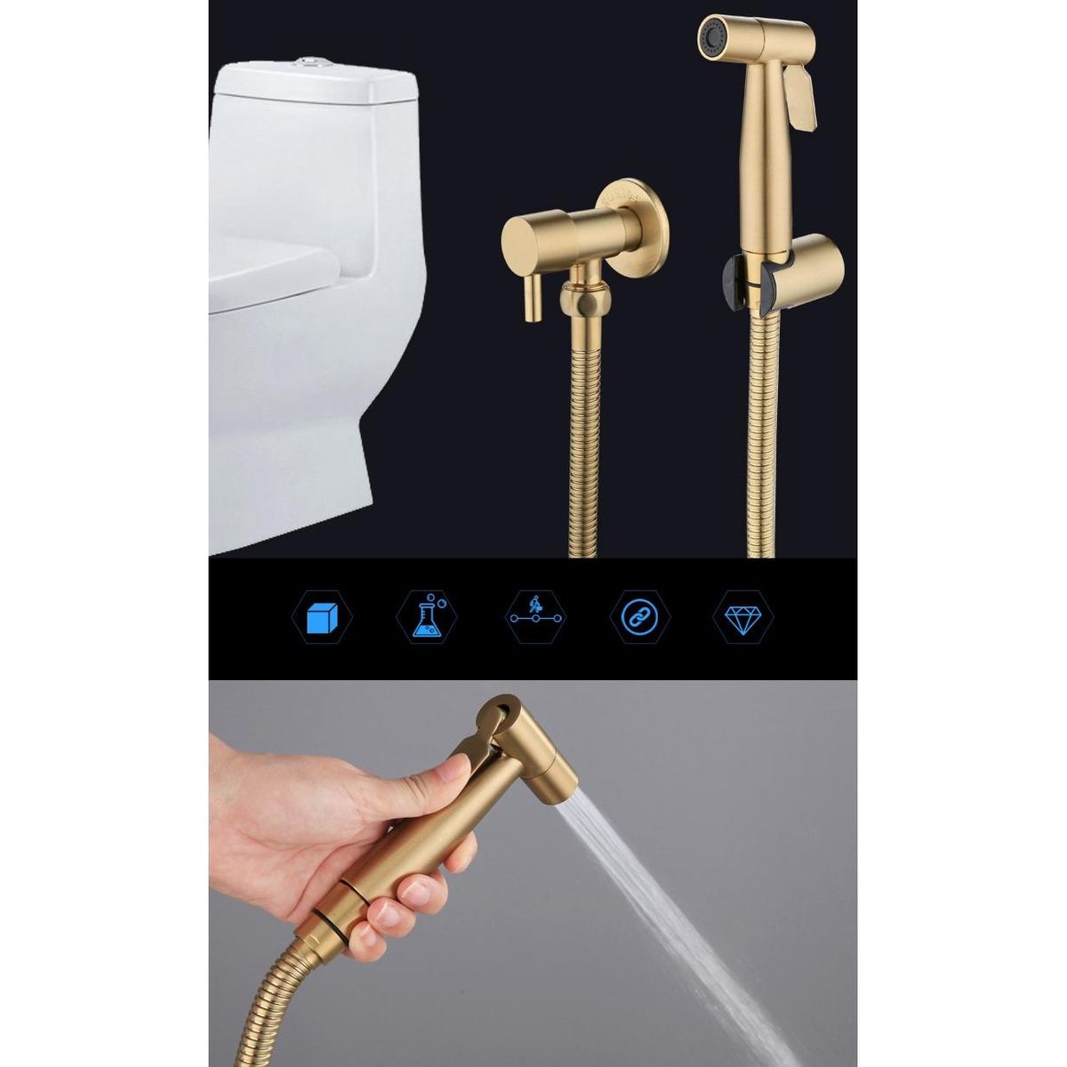 Bathroom Toilet Bidet Tap Kit Brushed Gold Wall Mounted
