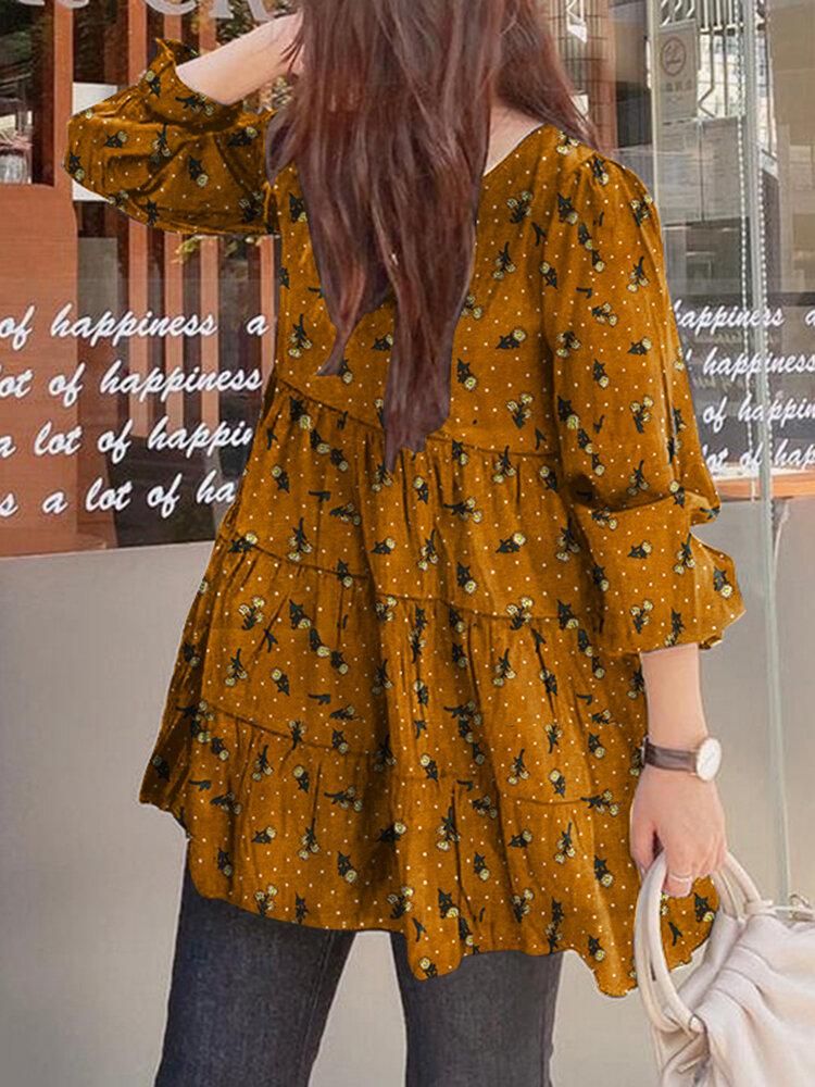 Casual Puff Sleeve Round Neck Long Sleeve Spliced Vintage Pleated Blouse For Women