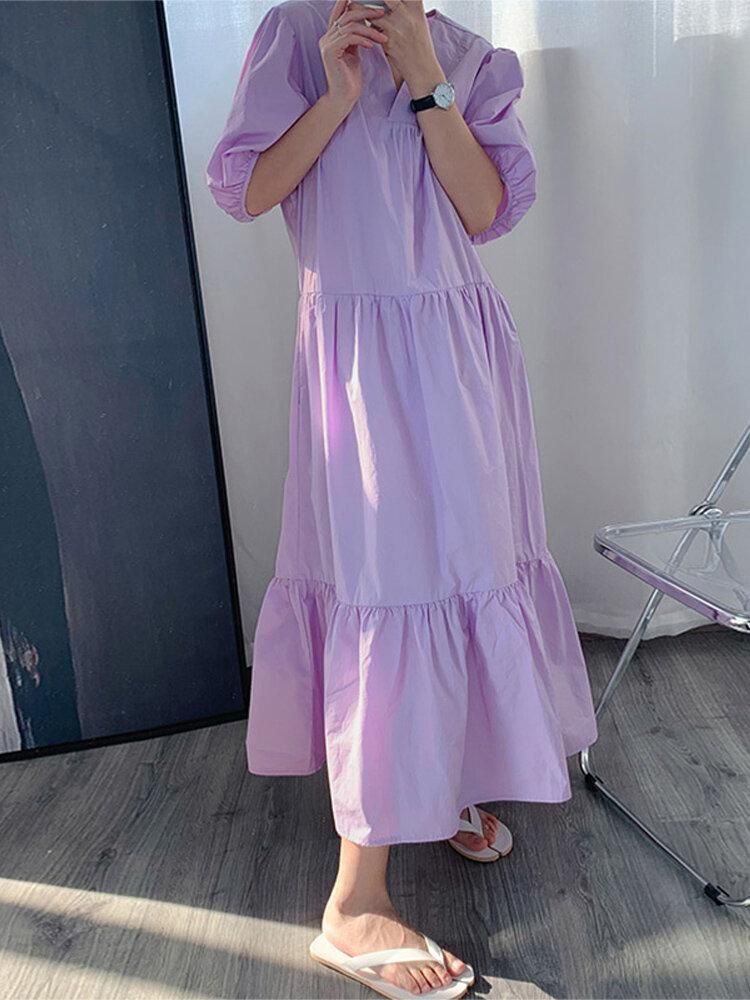 Solid Color Puff Sleeve Pleats Ruffle Hem Holiday Maxi Dress