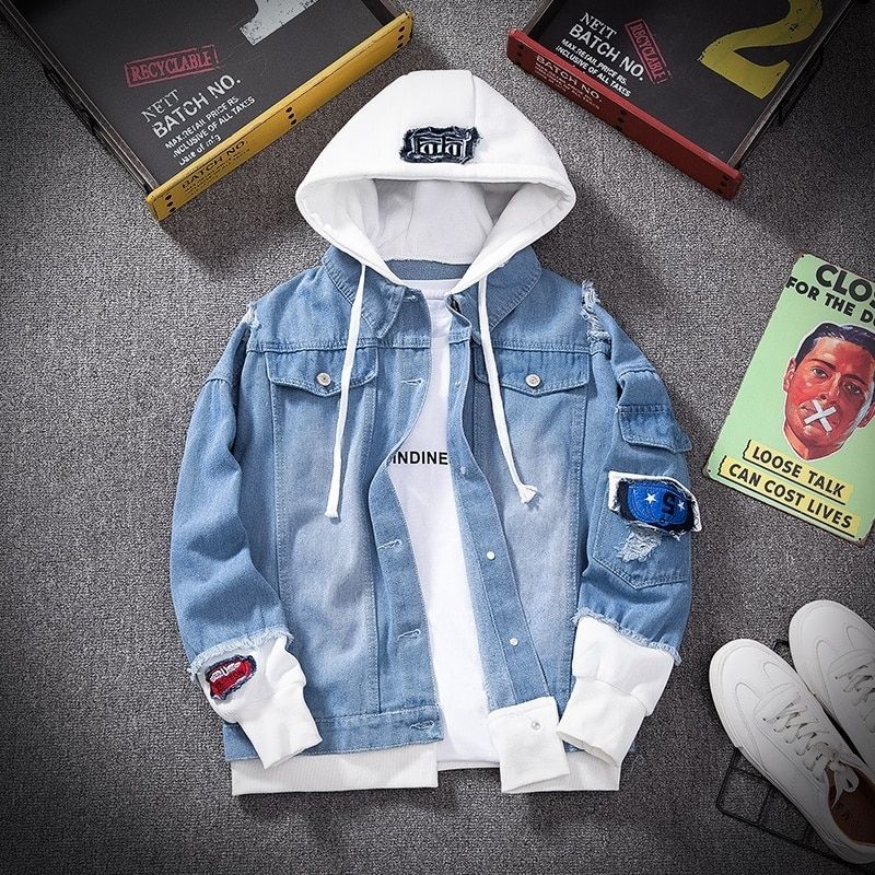 Men Denim Jacket Streetwear Hip Hop Men's Hooded Jean Jackets Male Casual Loose Outerwear Spring Fashion Slim Fit Coat