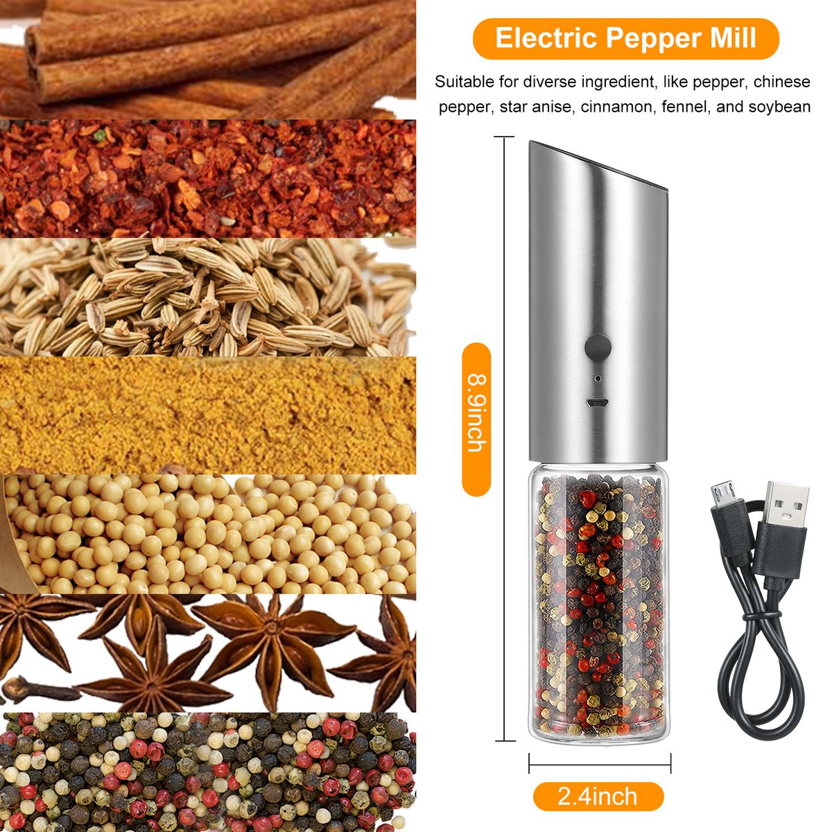 Electric Pepper Mill Machine Tool Salt Grinder USB Powered