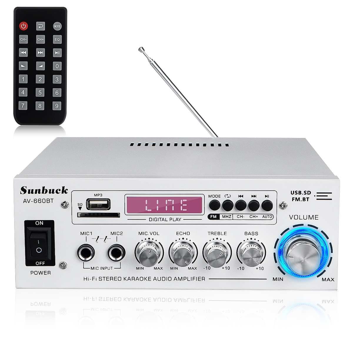 2000W AV Power Amplifier 2CH Bluetooth5.0 Audio Theater Amplifiers DC 12V 110V/220V Support EQ FM SD USB 2 Mic