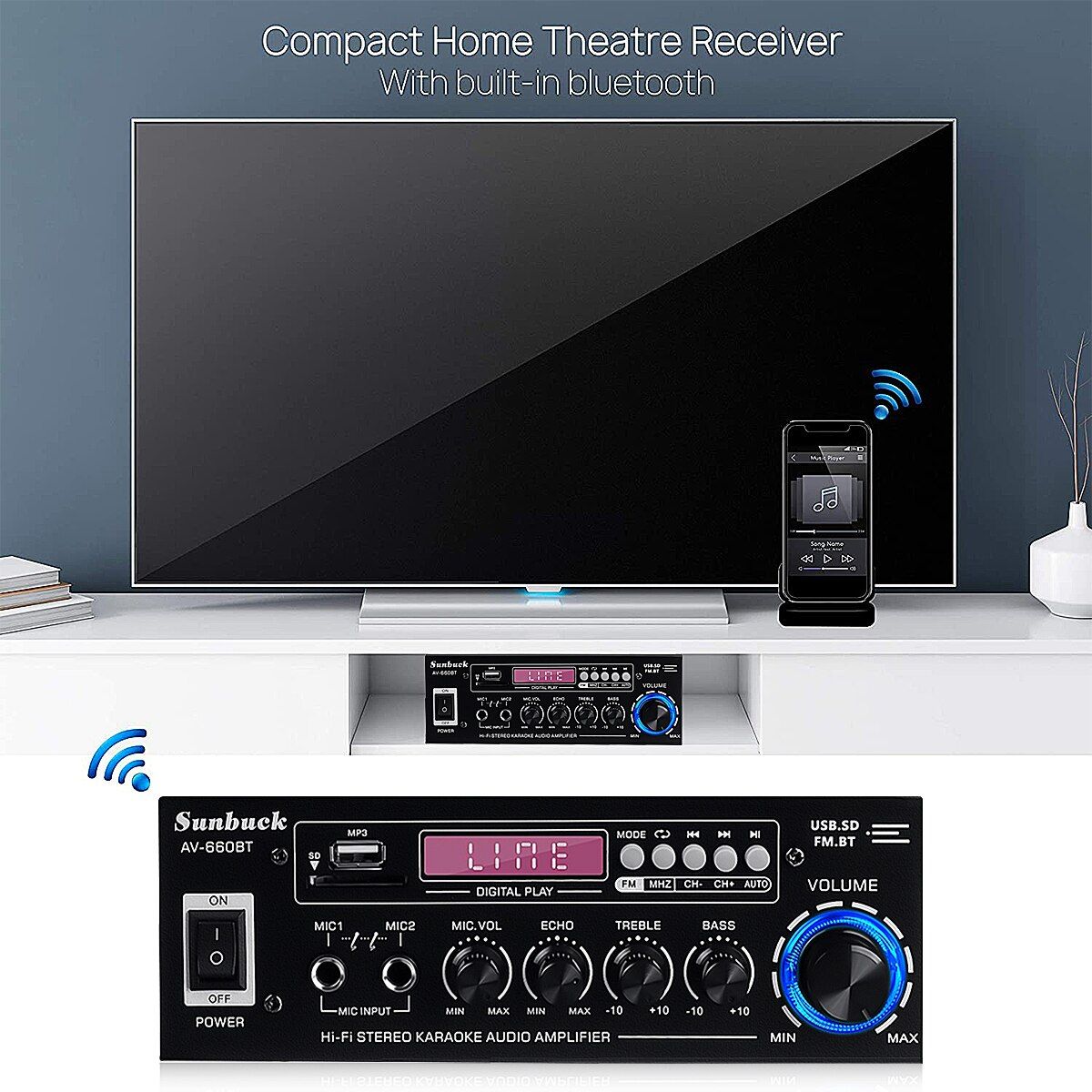 2000W AV Power Amplifier 2CH Bluetooth5.0 Audio Theater Amplifiers DC 12V 110V/220V Support EQ FM SD USB 2 Mic