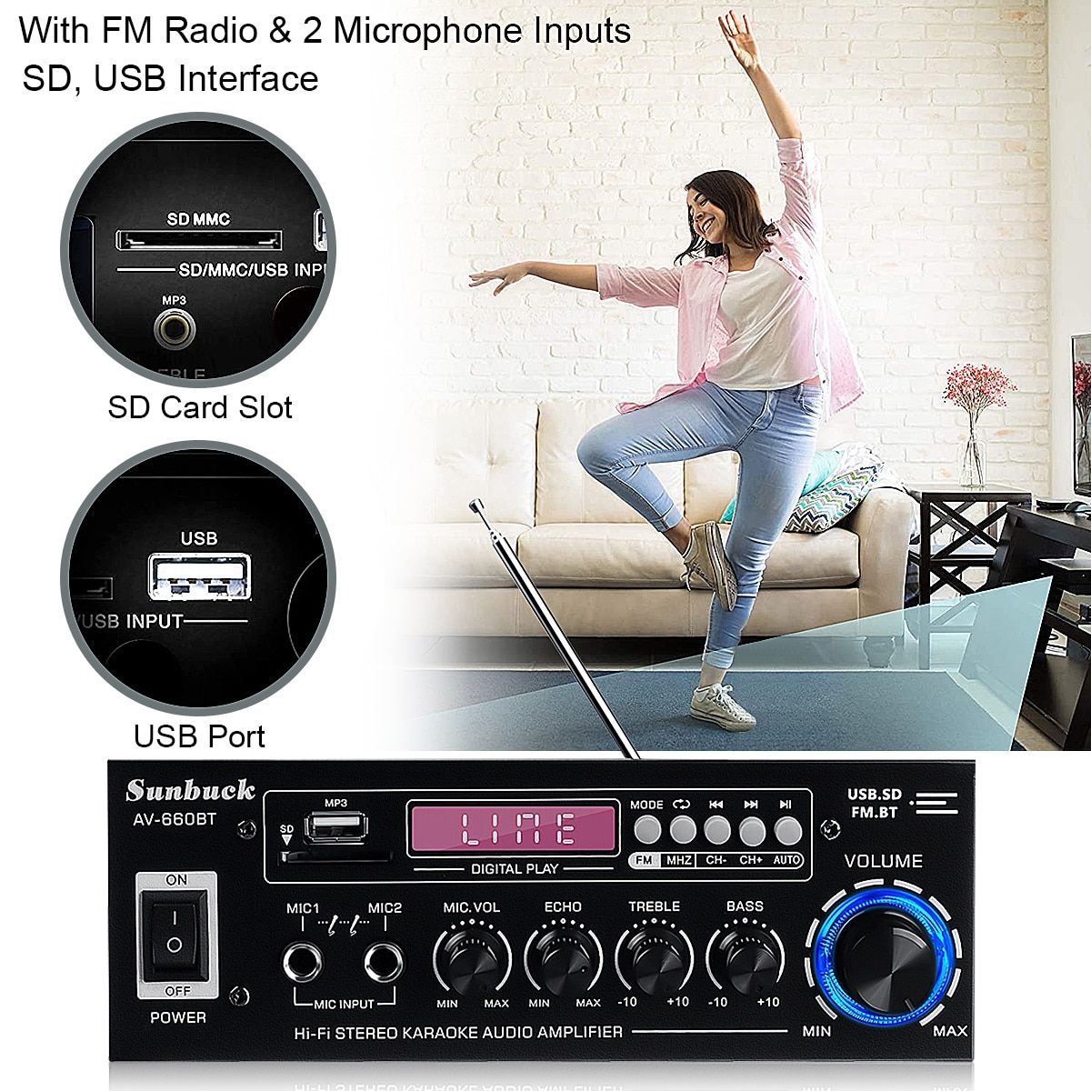 2000W AV Power Amplifier 2CH Bluetooth5.0 Audio Theater Amplifiers DC 12V 110V/220V Support EQ FM SD USB 2 Mic