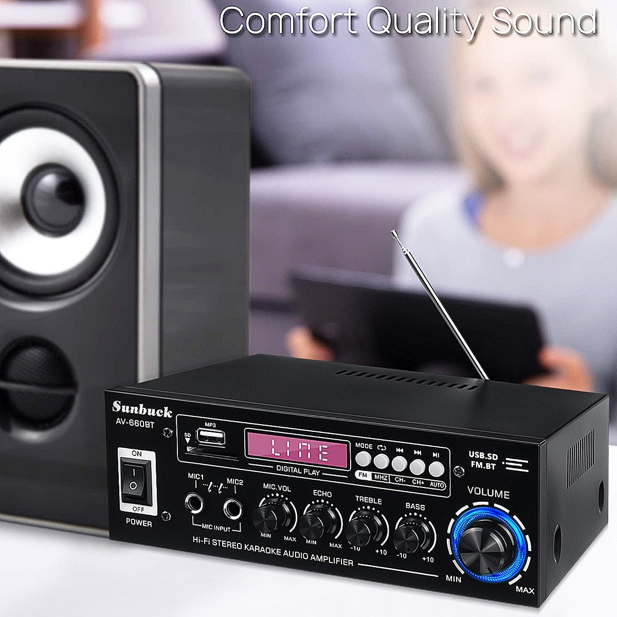 2000W AV Power Amplifier 2CH Bluetooth5.0 Audio Theater Amplifiers DC 12V 110V/220V Support EQ FM SD USB 2 Mic