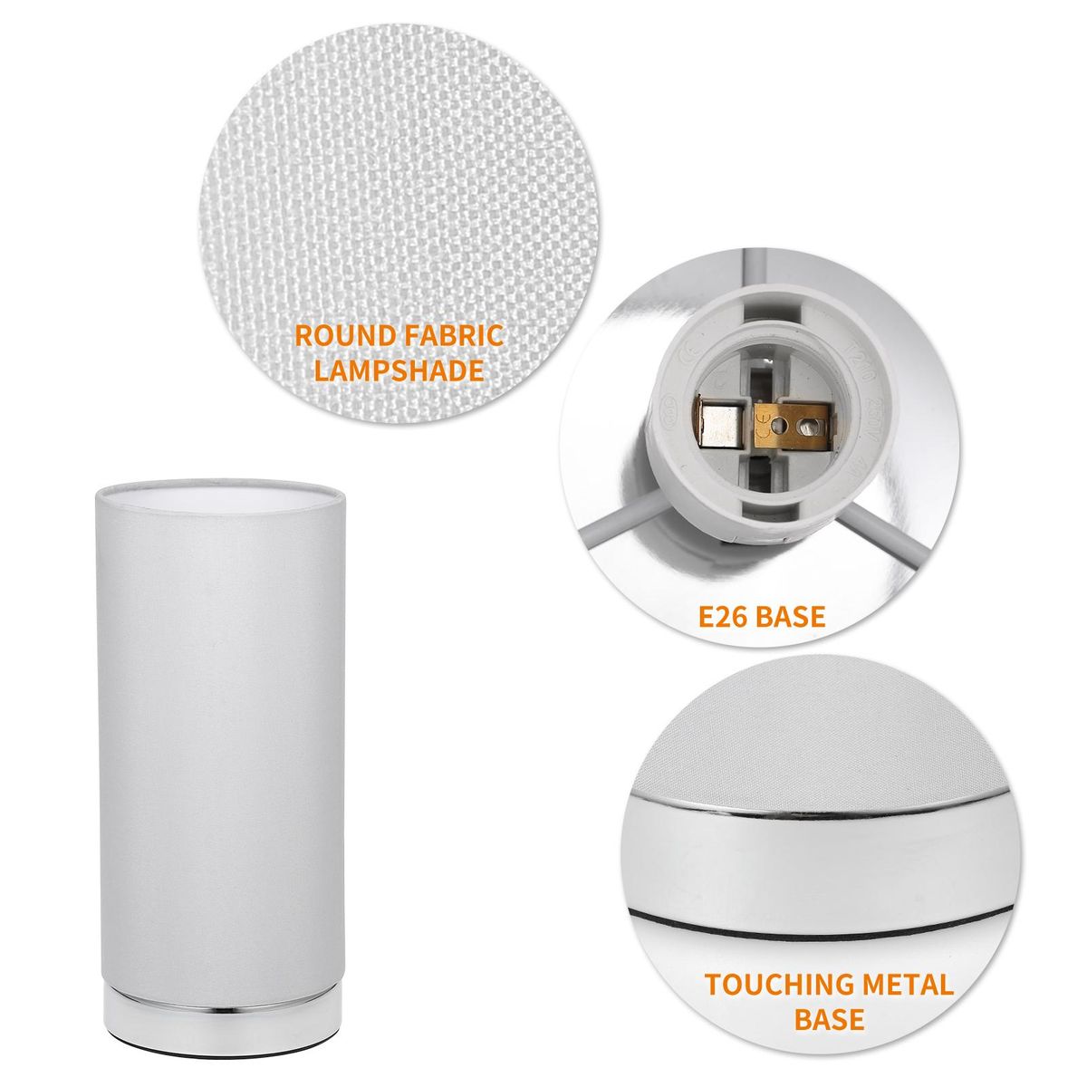 Touching Control Table Light Bedside 3 Way Dimmable Desk Lamp Modern Nightstand Night Lamp with Round Fabric Lampshade for Bedroom Living Room Office (Bulb Included)