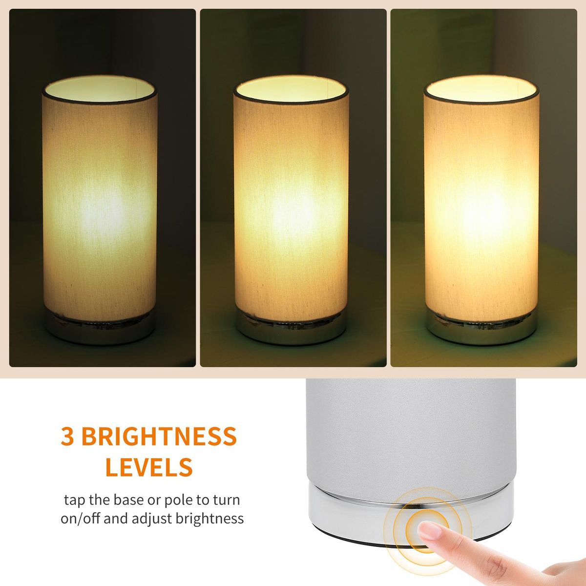 Touching Control Table Light Bedside 3 Way Dimmable Desk Lamp Modern Nightstand Night Lamp with Round Fabric Lampshade for Bedroom Living Room Office (Bulb Included)