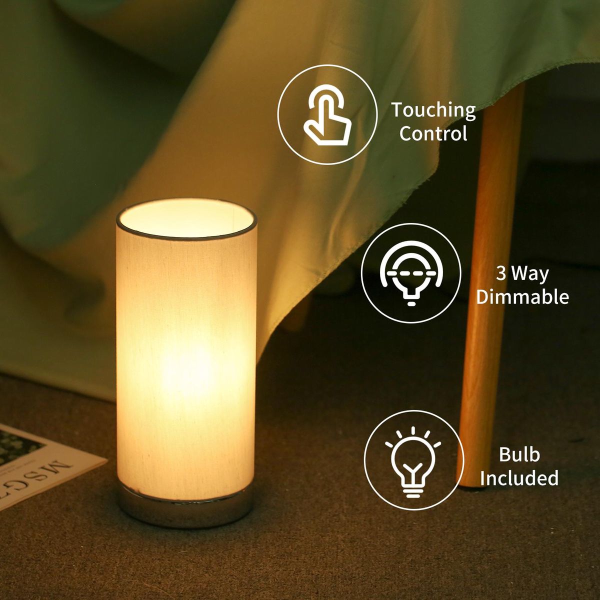 Touching Control Table Light Bedside 3 Way Dimmable Desk Lamp Modern Nightstand Night Lamp with Round Fabric Lampshade for Bedroom Living Room Office (Bulb Included)