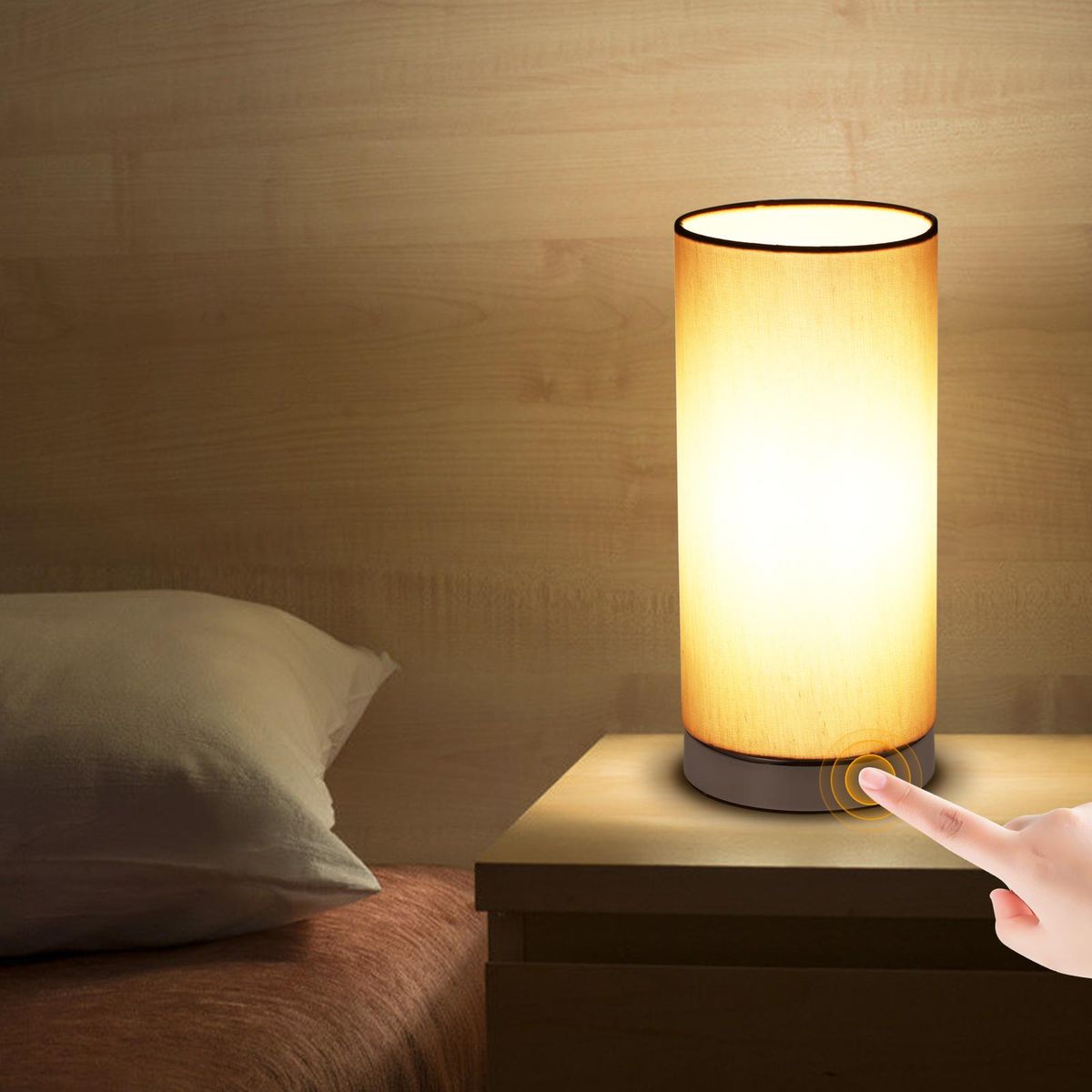Touching Control Table Light Bedside 3 Way Dimmable Desk Lamp Modern Nightstand Night Lamp with Round Fabric Lampshade for Bedroom Living Room Office (Bulb Included)