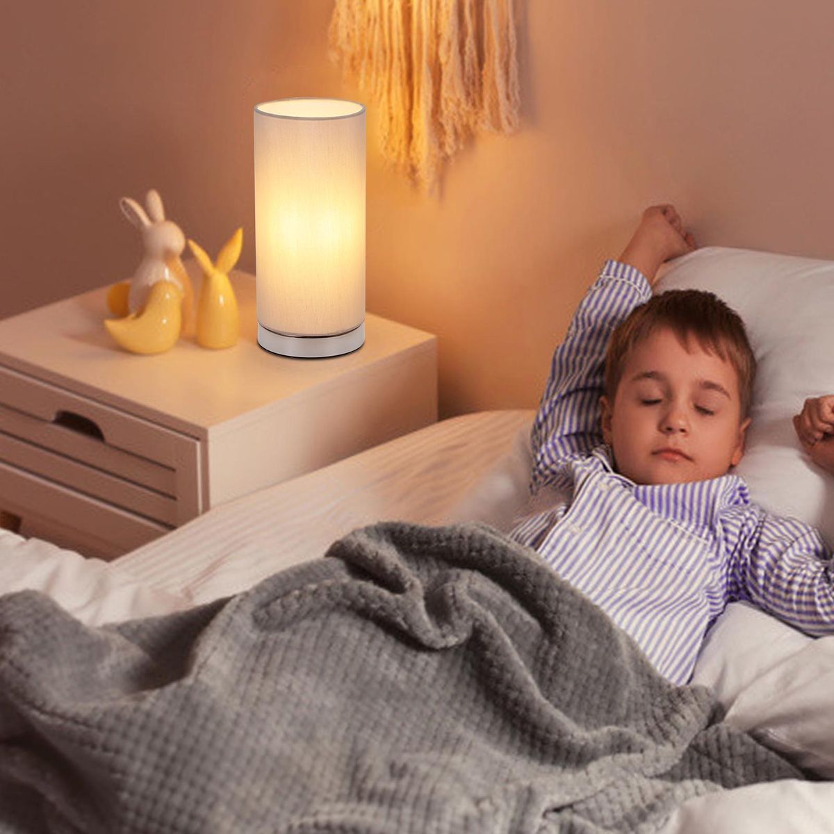 Touching Control Table Light Bedside 3 Way Dimmable Desk Lamp Modern Nightstand Night Lamp with Round Fabric Lampshade for Bedroom Living Room Office (Bulb Included)