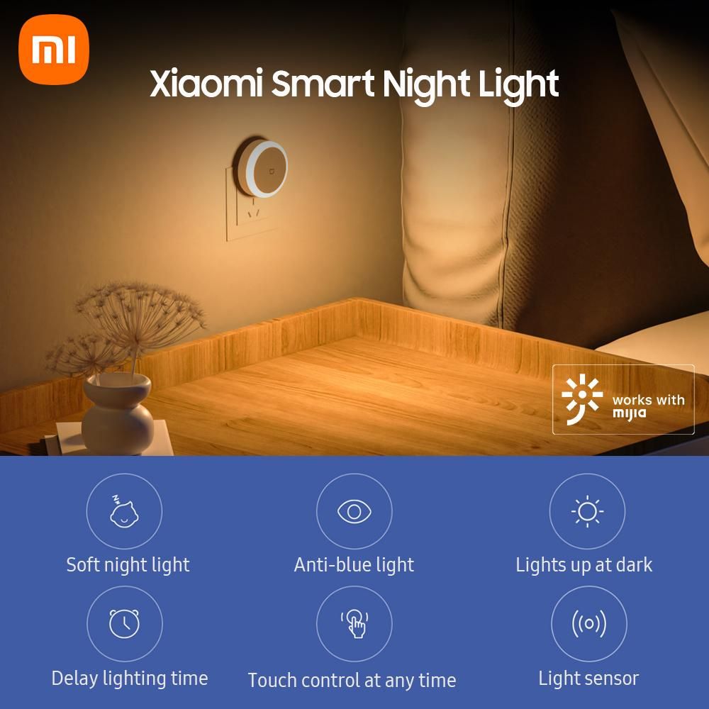 Xiaomi Mi Smart Night Light Plug-in Light Sensor Auto Lighting Soft Warm Light Anti-blue Light Energy-saving Night Lamp 220V