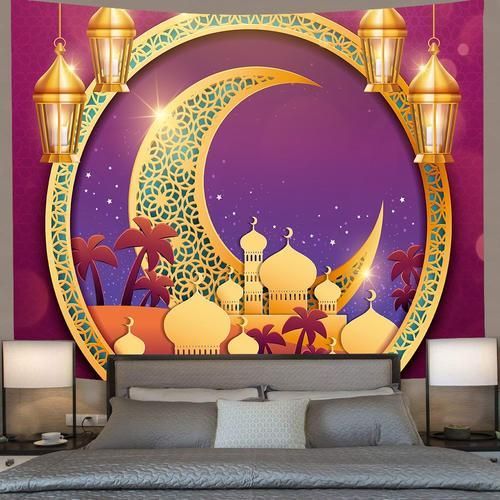 Ramadan Kareem Tapestry Golden Muslim Moon Lantern Wall Hanging Tapestries For Living Room Bedroom Home DormDecor