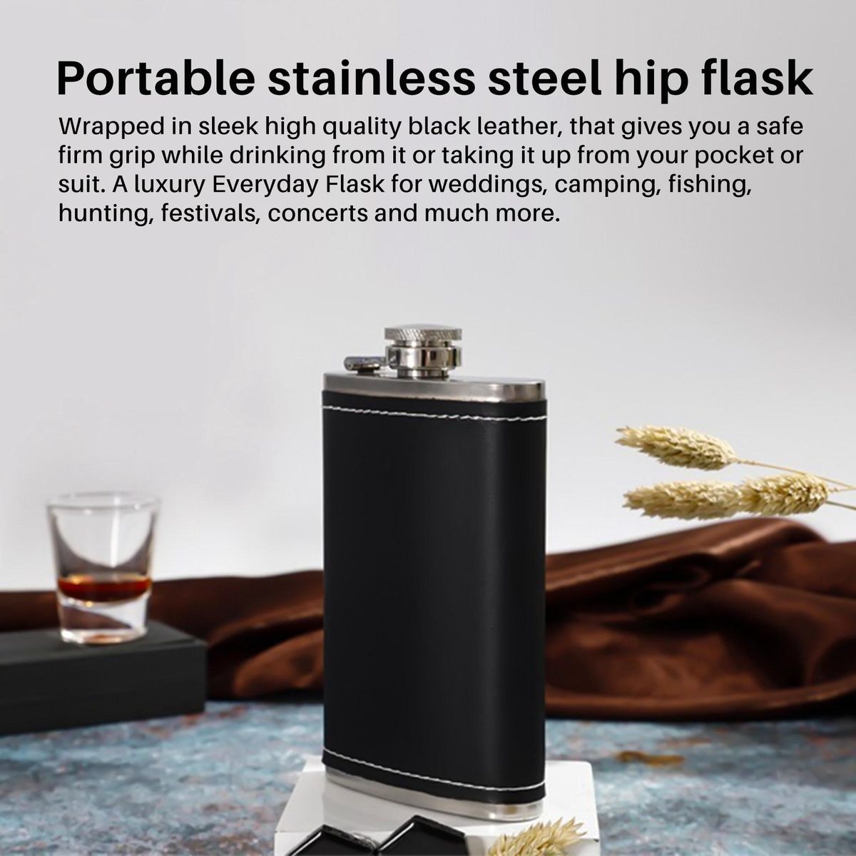 Pocket Hip Flask 8 Oz with Funnel Stainless Steel with Black Leather Wrapped Cover and Leak Proof - Fits any Suit for Discrete  Shot Drinking