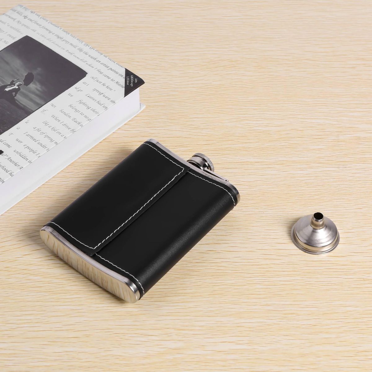 Pocket Hip Flask 8 Oz with Funnel Stainless Steel with Black Leather Wrapped Cover and Leak Proof - Fits any Suit for Discrete  Shot Drinking