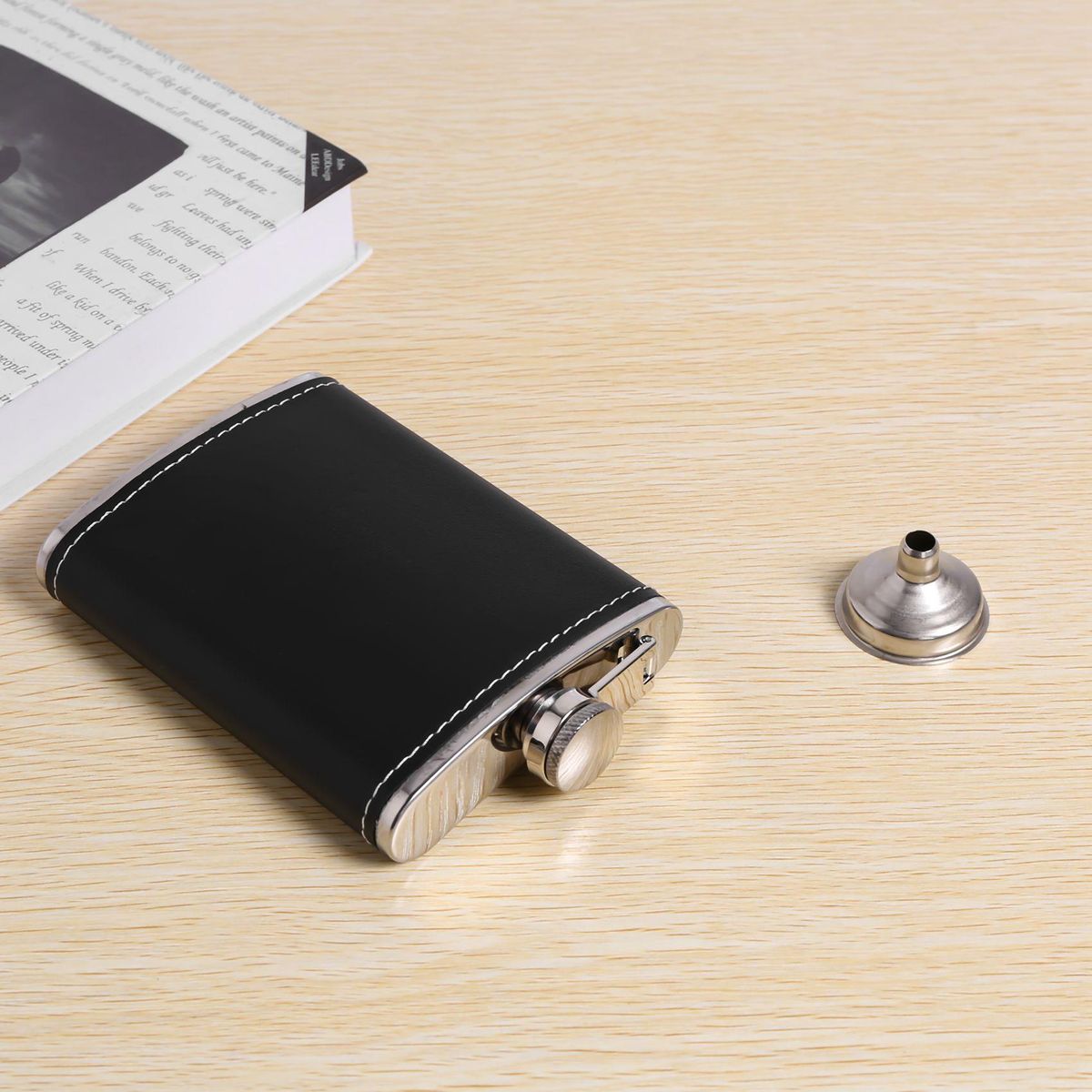Pocket Hip Flask 8 Oz with Funnel Stainless Steel with Black Leather Wrapped Cover and Leak Proof - Fits any Suit for Discrete  Shot Drinking