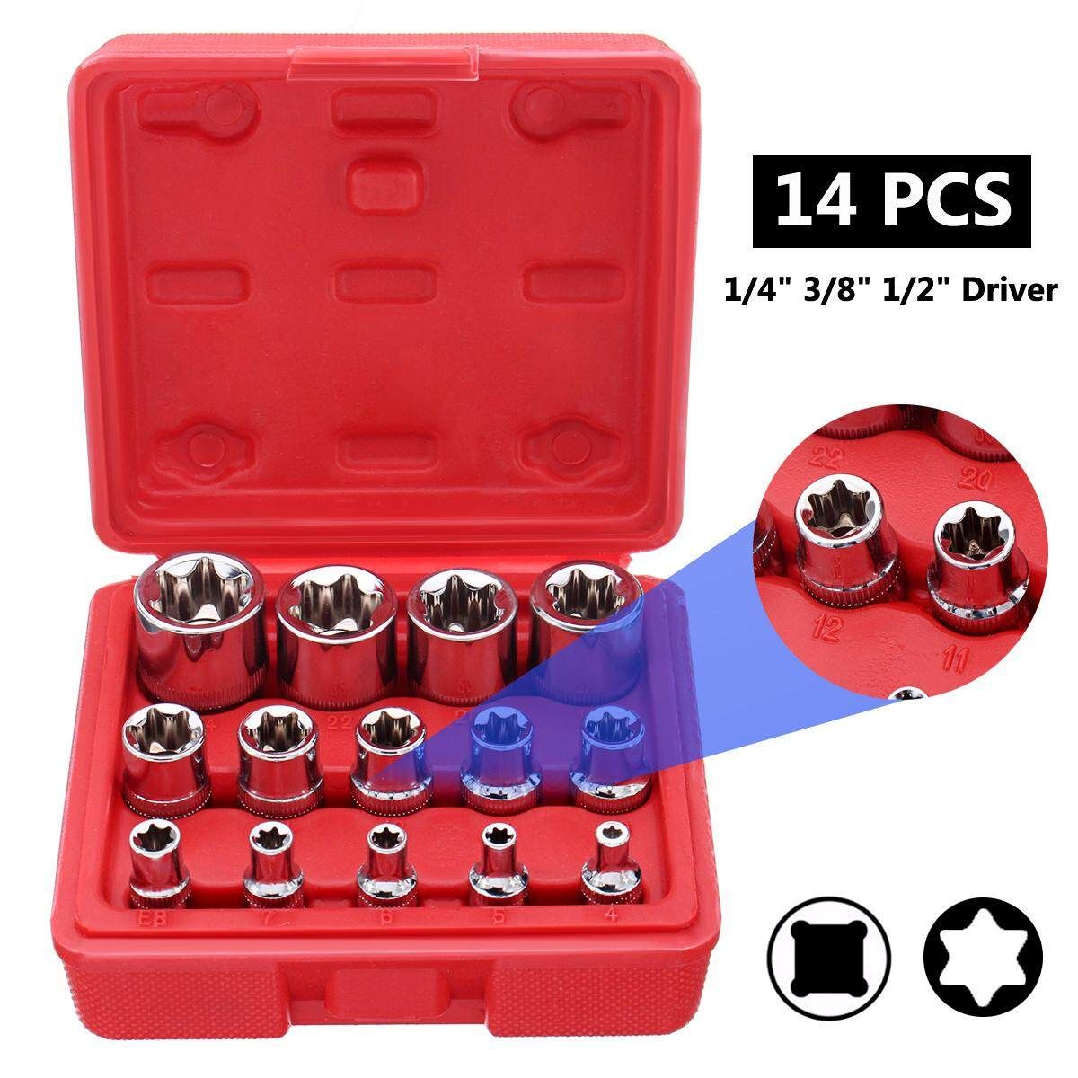 14Pcs Durable Male Chrome Vanadium 1/4 Inch 3/8 Inch 1/2 Inch Driver E Torx Star Socket Set With Box