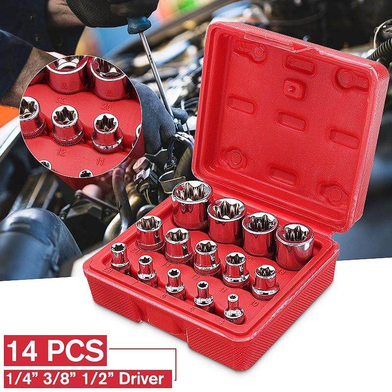 14Pcs Durable Male Chrome Vanadium 1/4 Inch 3/8 Inch 1/2 Inch Driver E Torx Star Socket Set With Box