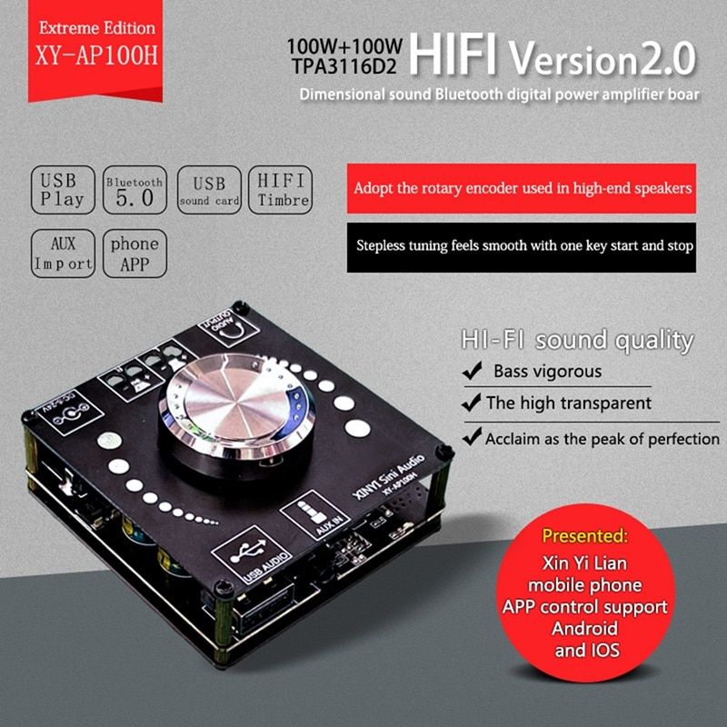 XY-AP100H 100W+100W Dual TPA3116D2 Bluetooth 5.0 Stereo Audio Digital Power Audio Amplifier Board AMP Amplificador AUX