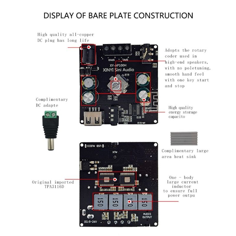 XY-AP100H 100W+100W Dual TPA3116D2 Bluetooth 5.0 Stereo Audio Digital Power Audio Amplifier Board AMP Amplificador AUX