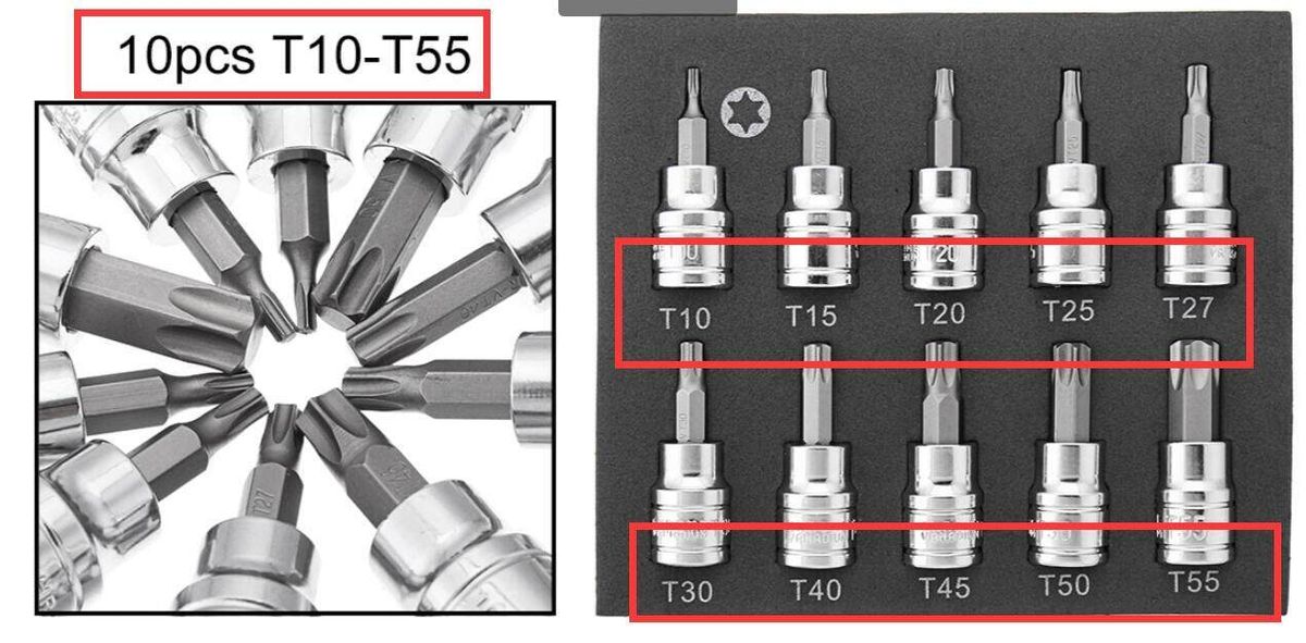 3/8 Dr 48mm Long S2 Tamper Proof Torx Bit Socket Set T10 - T55 B1177 10 Pieces T10-t55
