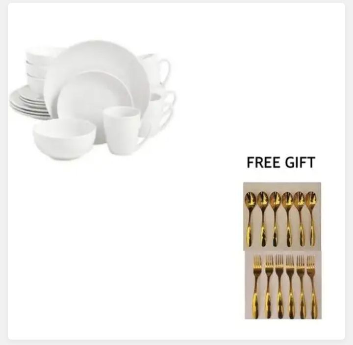 16Pieces White Dinner Plates Set & Free Gold Spoon & Fork