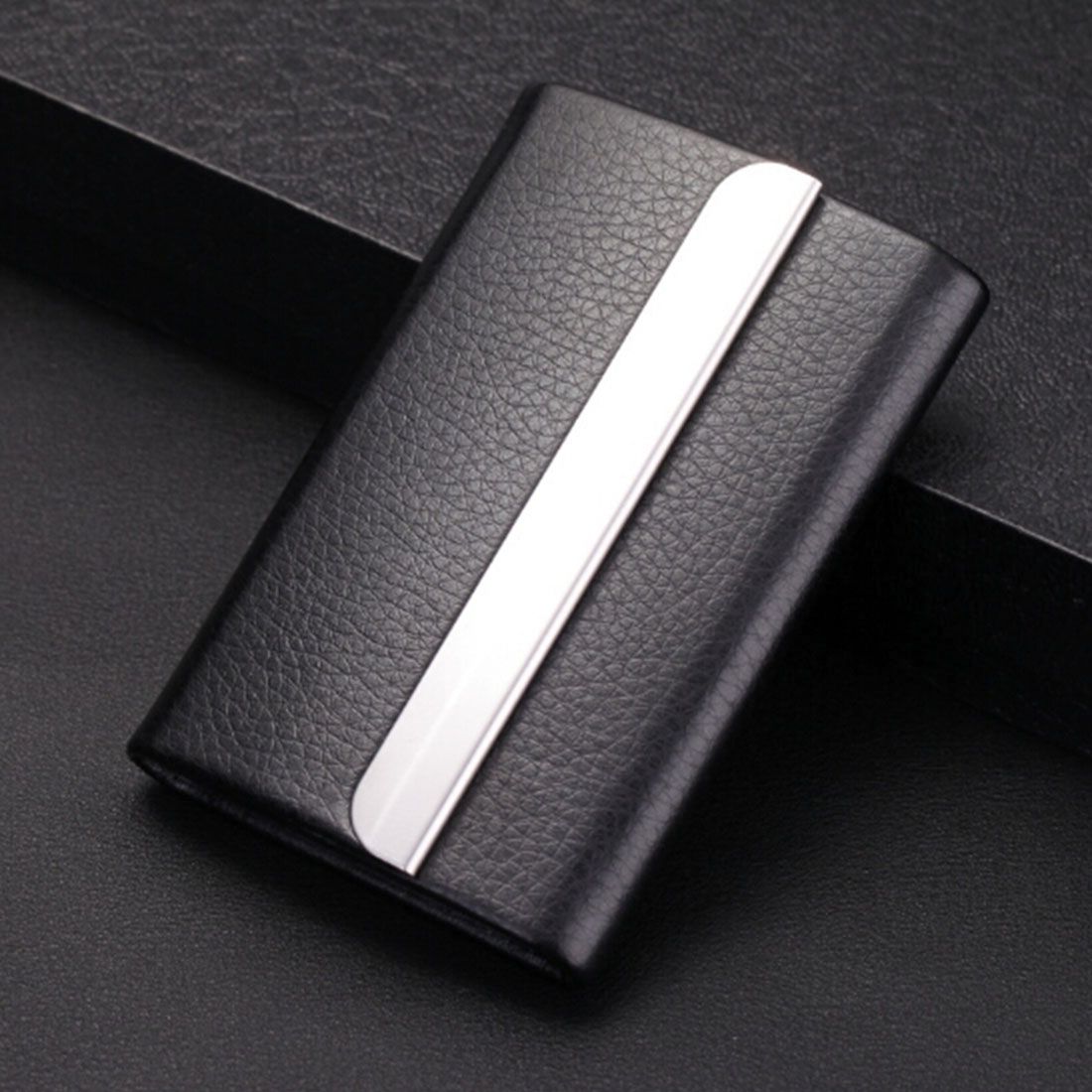 2 PCS Lichi Texture Stainless Steel Business Card Holder Credit Card ID Case Holder,