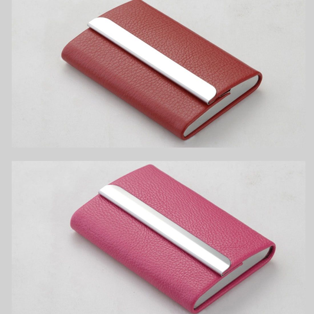 2 PCS Lichi Texture Stainless Steel Business Card Holder Credit Card ID Case Holder,