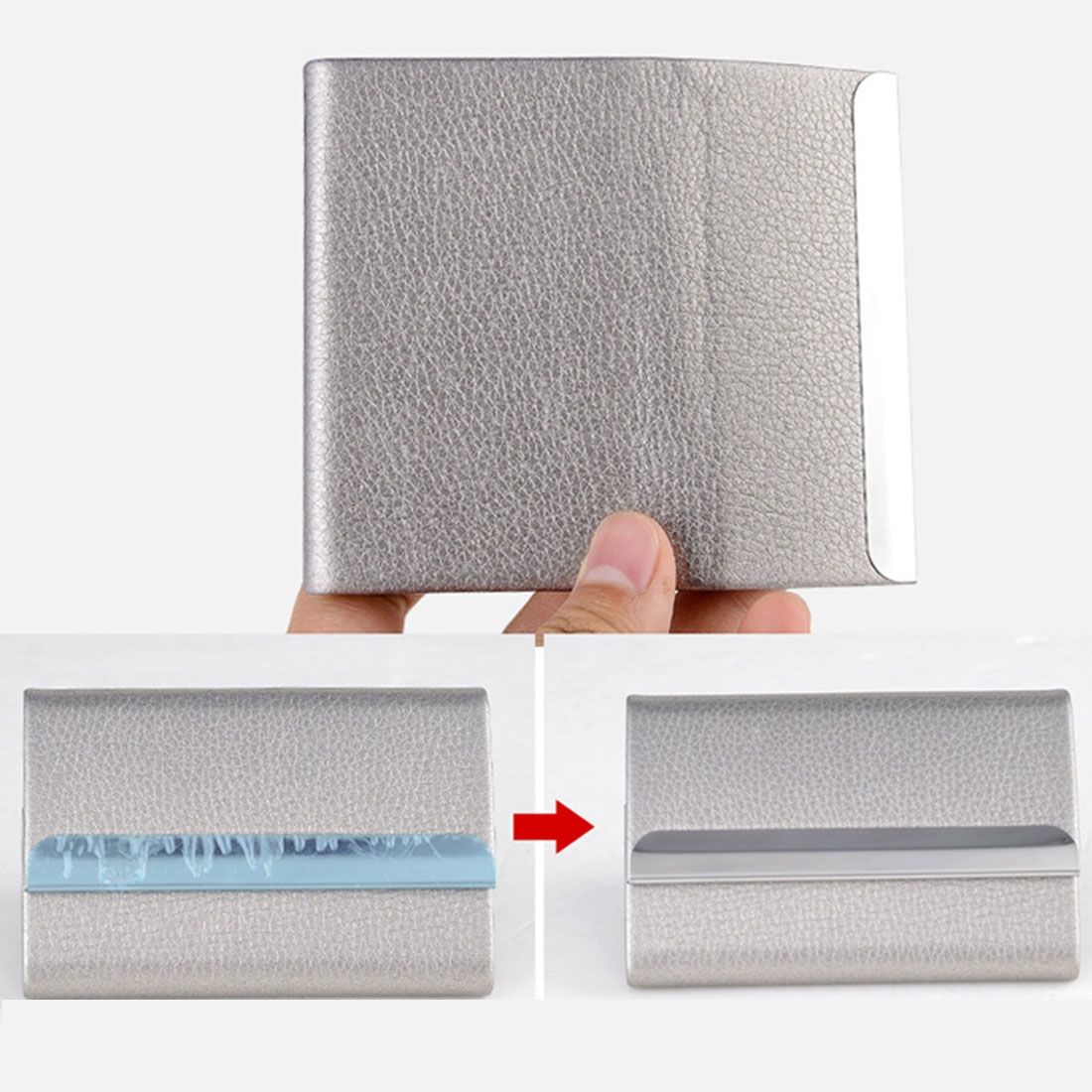 2 PCS Lichi Texture Stainless Steel Business Card Holder Credit Card ID Case Holder,