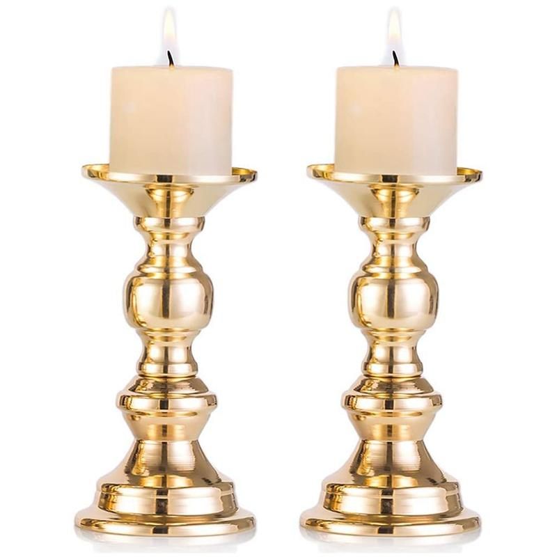 Set of 2 Candlestick Metal Pillar Candle Holders, Wedding Centerpieces Candlestick Holders for Candles Stand Gold