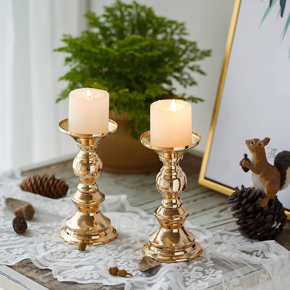Set of 2 Candlestick Metal Pillar Candle Holders, Wedding Centerpieces Candlestick Holders for Candles Stand Gold