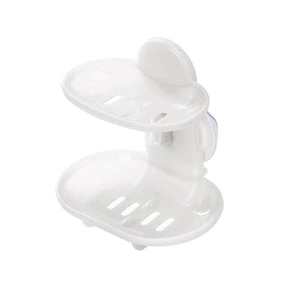 Bathroom Double-Layer Suction Wall-Mounted Soap Dish Soapbox Drying Holder Shelf-White