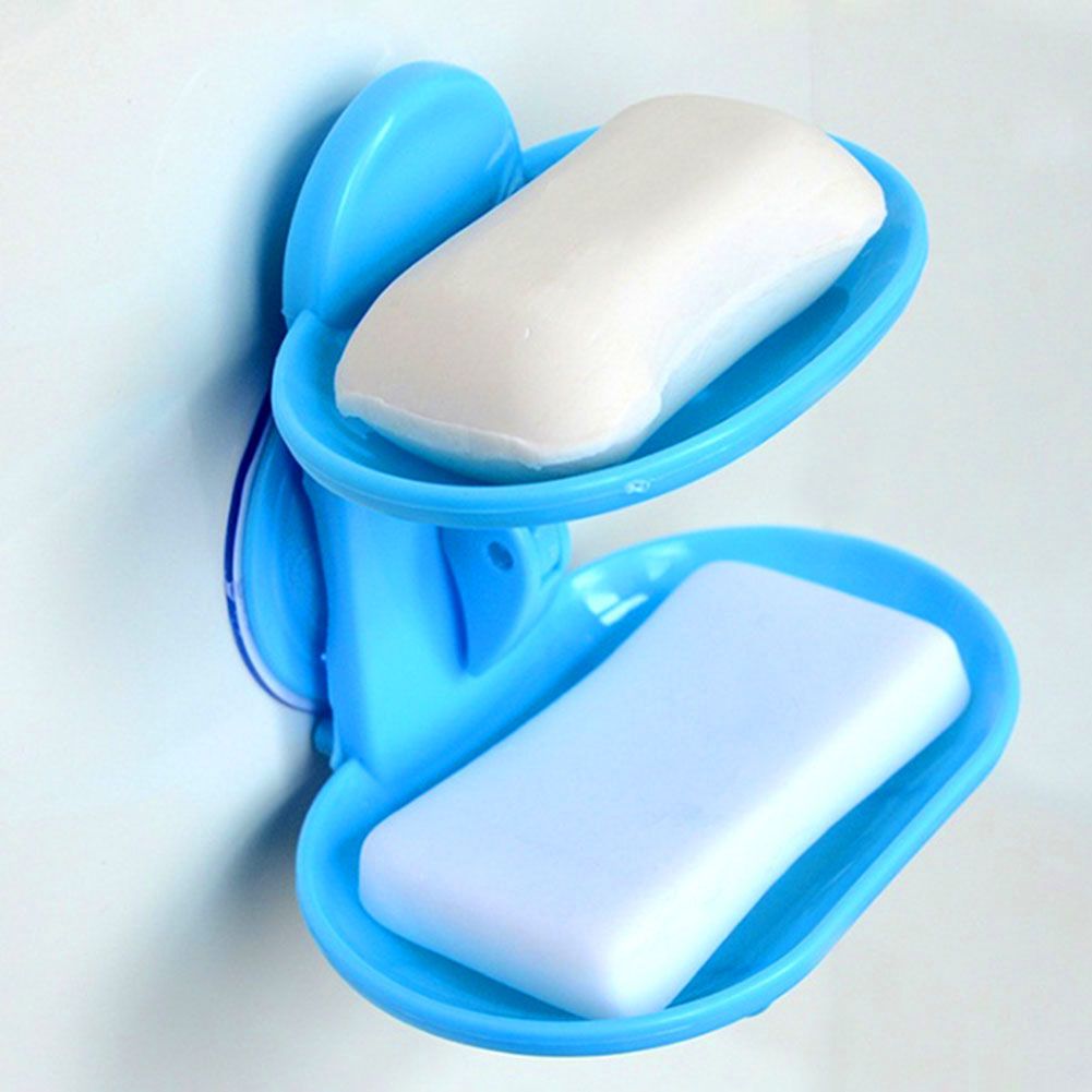 Bathroom Double-Layer Suction Wall-Mounted Soap Dish Soapbox Drying Holder Shelf-White