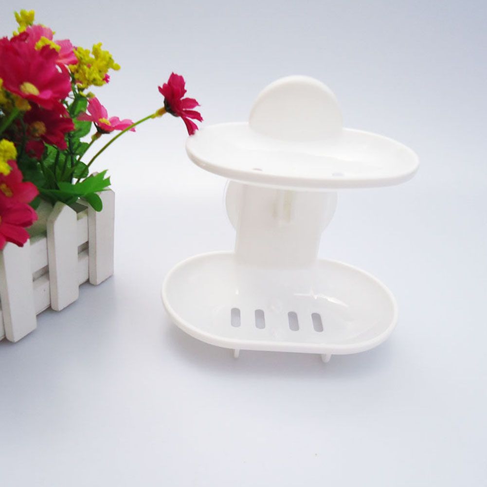 Bathroom Double-Layer Suction Wall-Mounted Soap Dish Soapbox Drying Holder Shelf-White