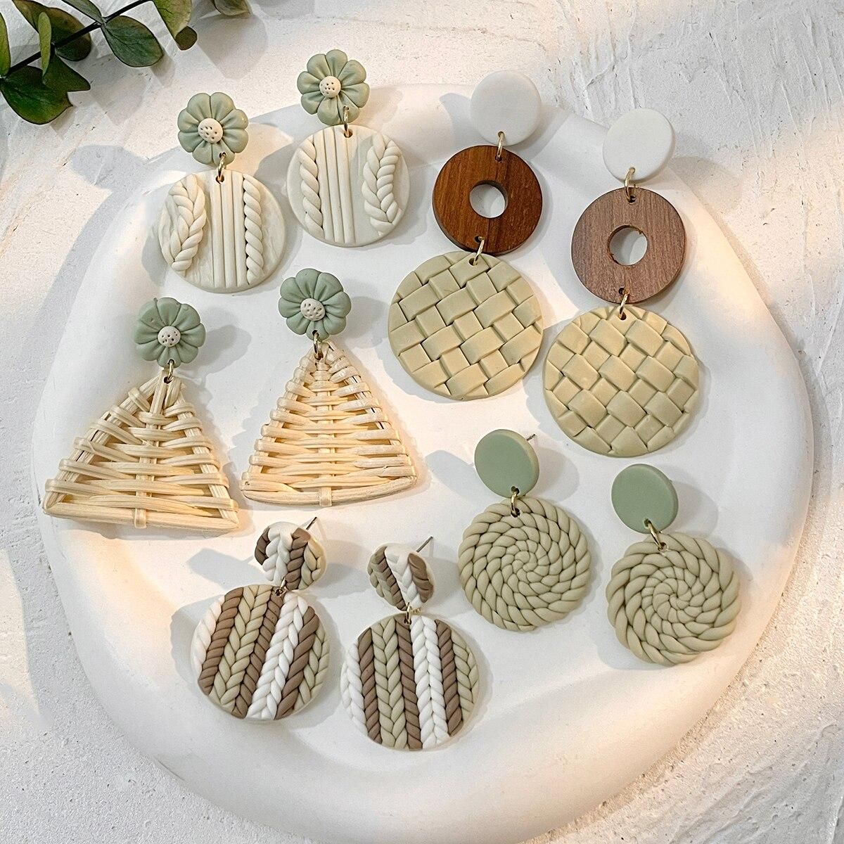 AENSOA Molded Floral Leaf Pattern Green Polymer Clay Earrings for Women Handmade Knitted Geometric Round Drop Earrings Jewelry