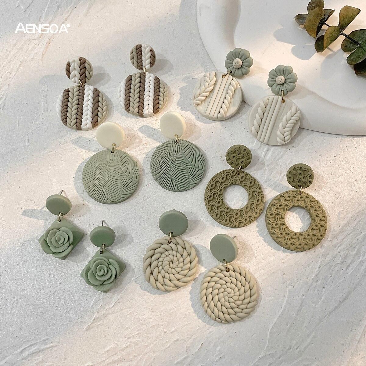 AENSOA Molded Floral Leaf Pattern Green Polymer Clay Earrings for Women Handmade Knitted Geometric Round Drop Earrings Jewelry