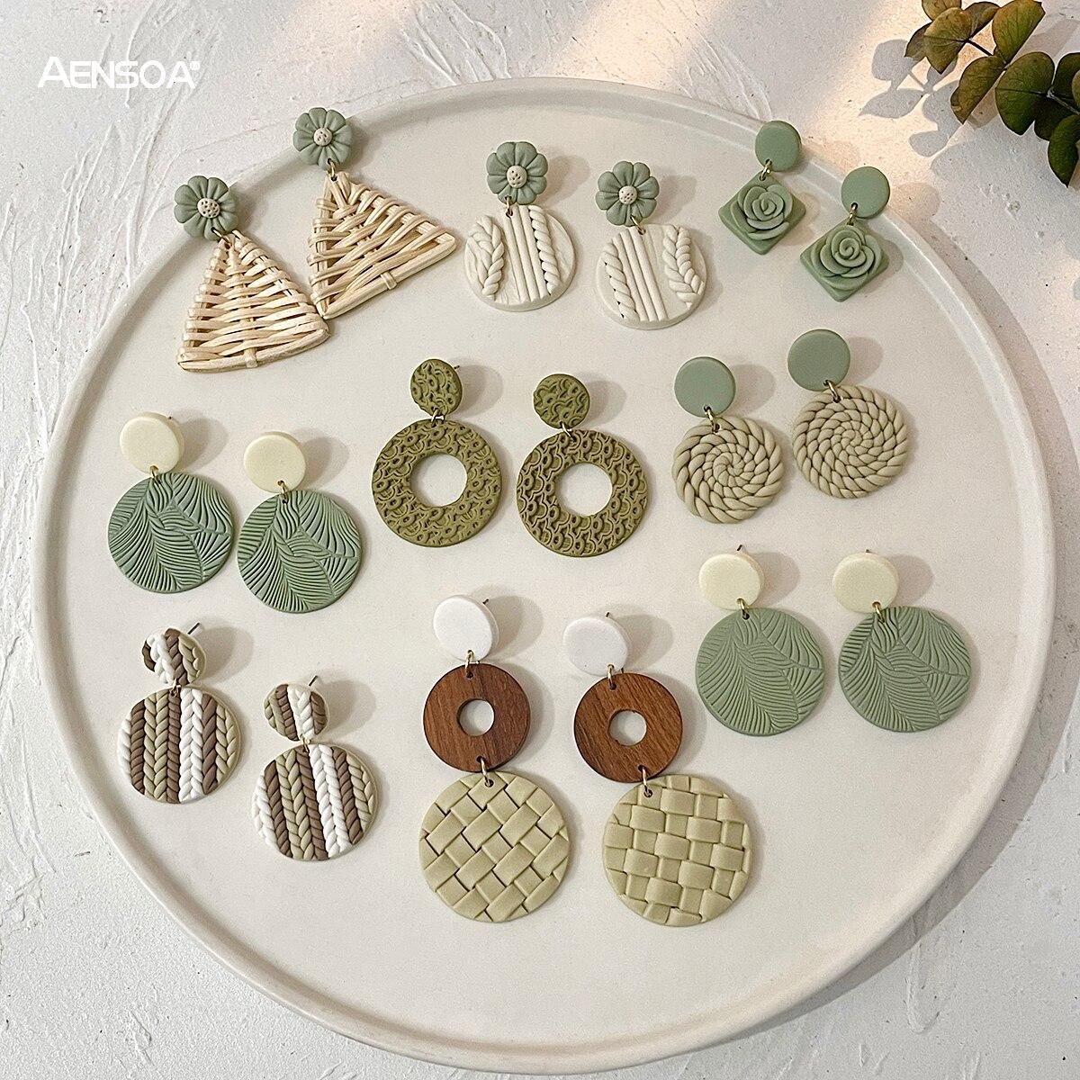 AENSOA Molded Floral Leaf Pattern Green Polymer Clay Earrings for Women Handmade Knitted Geometric Round Drop Earrings Jewelry